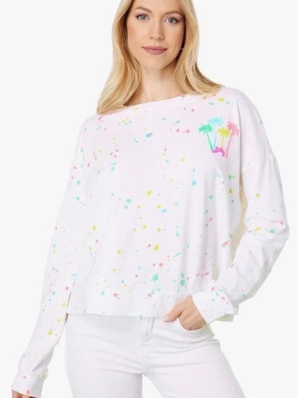 Lilly Pulitzer Sheridan Sweatshirt Resort White Splattered Paint Women’s M